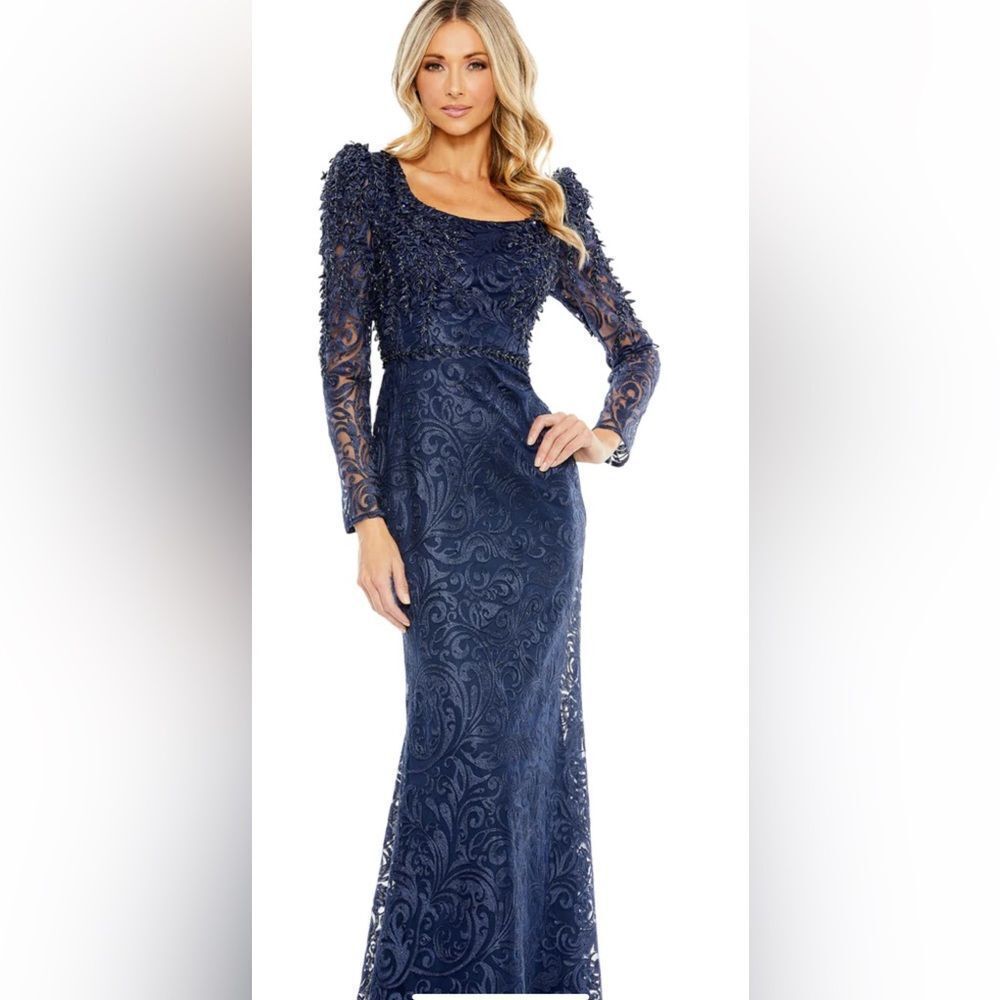 Mac Duggal Women's Blue Sequin Lace Long Sleeve Trumpet Gown  size 16 11187